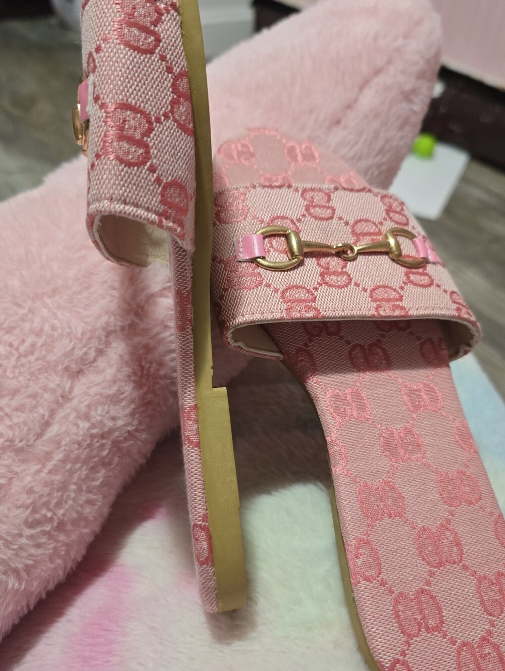 Pink Logo Jacquard Slide Sandals with Gold Horsebit